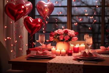 Romantic setting for Valentine's Day, glasses and plates for nice dinner, festive atmosphere with flowers, candles, heart baloons
