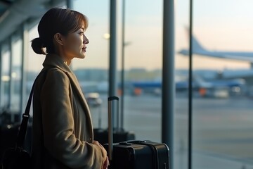 Mature Asian woman waiting for the boarding announcement for her flight while watching planes land...