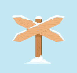 Road sign in snow. Wooden signpost arrow isolated on blue background. Vector winter illustration. Cartoon flat icon. Crossed two boards.