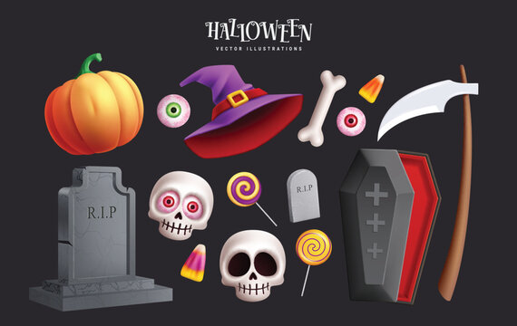 Halloween elements vector set design. Halloween spooky, creepy and scary element collection like grave stone, witch hat, skull and coffin. Vector illustration holiday seasonal elements decoration. 
