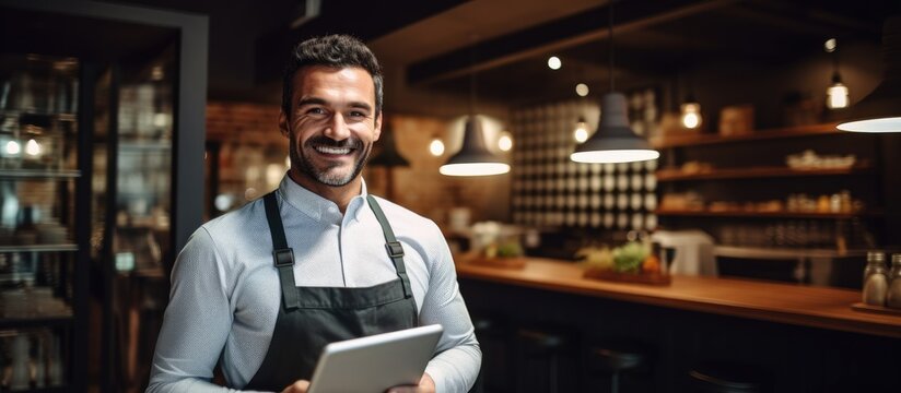 Restaurant man using tablet for inventory check, small business entrepreneur in hospitality industry. Male owner handling cafe franchise, digital admin and stock taking with connectivity.