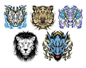 Obraz premium set of wild animal head sticker illustrations. Perfect for tattoos, stickers, icons, logos, hats, clothes, websites, posters