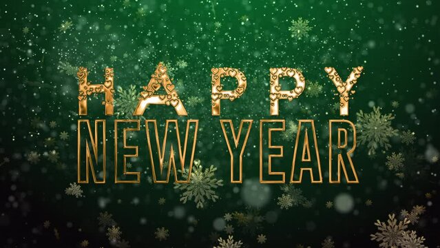 Happy New Year. Greeting Card. Golden Snow. Looped. 4K.Green Background.