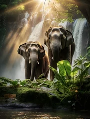 Foto op Aluminium Elephants at the stream in the beautiful green forest. © katobonsai