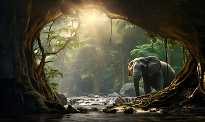 Elephants at the stream in the beautiful green forest.