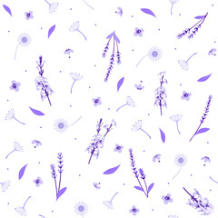 DItsy floral print. blue vintage toile  lavender and dandelion flowers seamless pattern. purple botanical background. good for fabric, fashion design, summer dress, wallpaper, bedding, textile.