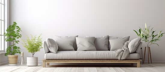 Fototapeta na wymiar Grey couch, cushions, wooden table in white living room.