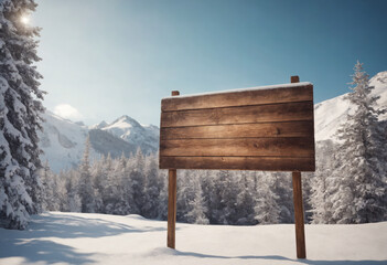 Naklejka premium Wooden sign in front of winter landscape blurred background