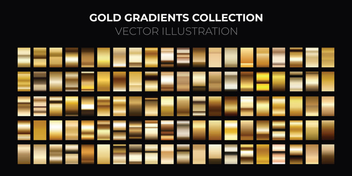 Gold foil texture background set. Vector golden, copper, brass and metal gradient template. Premium Gold Gradient Set. Set of metallic festive gold vector gradients. Best for luxury badges, 
