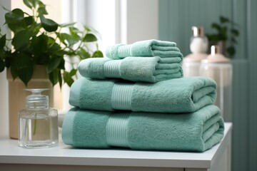 Fototapeta na wymiar A set of light green towels in the bathroom.