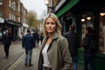 Beautiful blonde woman in a coat on the streets of London.