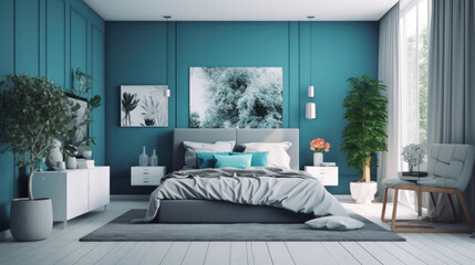 Modern Clean Contemporary White and Blue Bedroom Interior Design, AI Generated