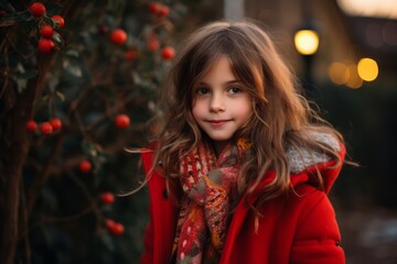 Portrait of a beautiful little girl in a red coat on the street.