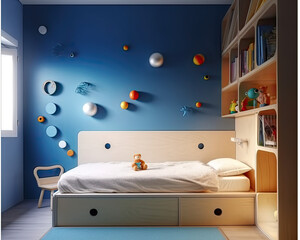 Modern Clean Contemporary White and Blue Kids room Interior Design, AI Generated