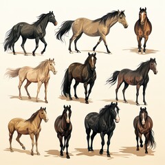 diverse group of horses standing peacefully in pasture - 690493601