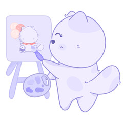 Cute cat cartoon artist drawing on canvas concept hobby illustration