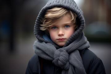 Portrait of a cute little boy wearing warm clothes outdoors. Winter fashion.