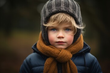 Portrait of a little boy in a warm hat and scarf.