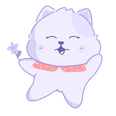 Cute cat cartoon face smiley holding flower