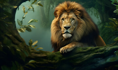 lion is in the forest background