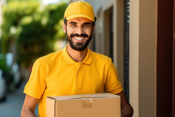 Distribution ecommerce logistics employee in factory plant for supply chain wholesale supplier. Indian Pakistan welcoming friendly close-up portrait man on street with delivery box, storage shipping