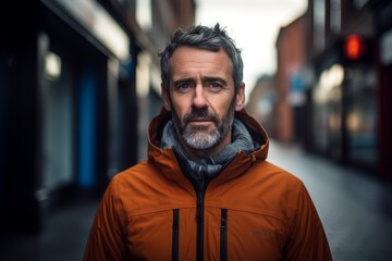 Portrait of a bearded middle-aged man in an orange jacket on a city street.