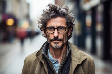 Handsome middle aged man with mustache and glasses in a urban street.
