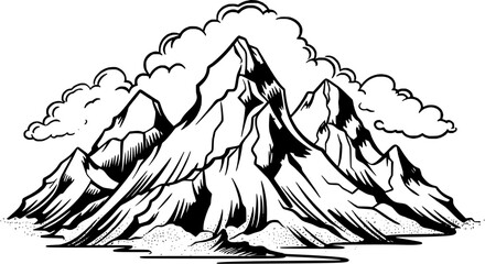 Snowy Mountain Landscape Vintage Outline Icon In Hand-drawn Style