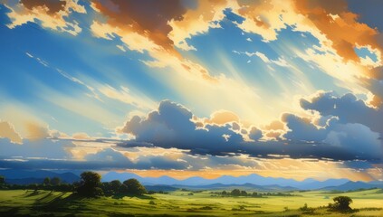 Gallop in the Sky: Clouds Shaped Like a Horse, Vibrant Blue Sky, Sun Casting a Soft Glow Over a Lush Green Meadow. Watercolor Painting with Delicate Brush Strokes. Adobe Stock.