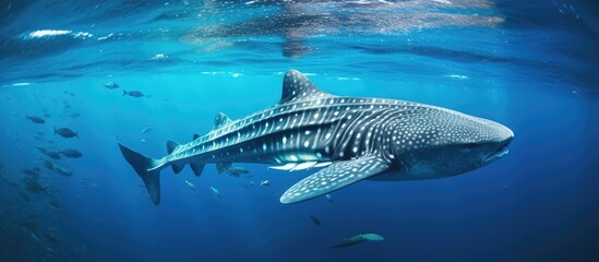 World's largest fish, whale shark, with incredible spot patterns, swimming in the blue ocean.