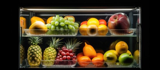 Fresh fruit packages showcased in a fridge for businesses.