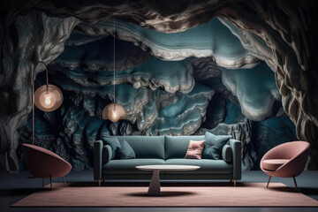 Fototapeta na wymiar Room with a rock wall and a couch with pillows on it, wallart background