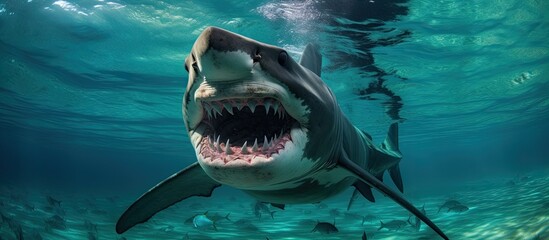 Dark waters of Bahamas showcase hammerhead shark displaying teeth with open mouth. - obrazy, fototapety, plakaty