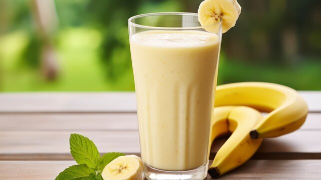 The Homely Charm of a Banana Smoothie on a Wooden Table. Generative AI