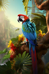 parrot in vibrant rainforest.