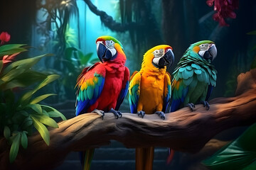 A group of colorful parrots perched on a tropical branch during golden hour