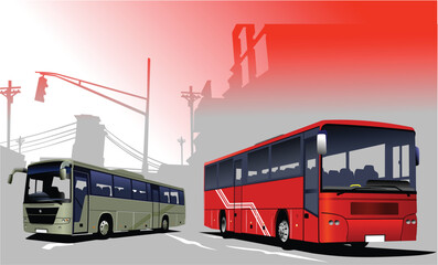 Urban  silhouette and buses image. Vector