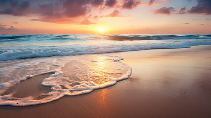Fototapeta na wymiar A beach scene at dusk, waves gently lapping at the edges Ai Generative