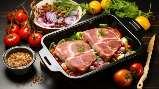 Savory Symphony - Preparing a Feast with Raw Pork Chop, Vegetables, and Sausage in a Baking Dish. Generative AI