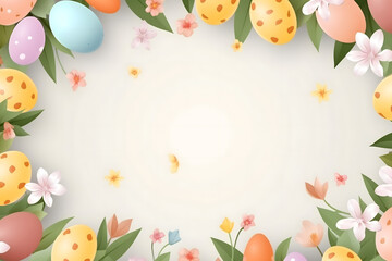 Naklejka na ściany i meble easter card, easter bunny with eggs, easter eggs and flowers, easter eggs in a basket, easter eggs and flowers on a white background, easter wall paper and background for social media