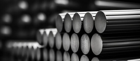 Warehouse storing and stacking steel round bars for industrial construction, with shallow focus and black-white color scheme.