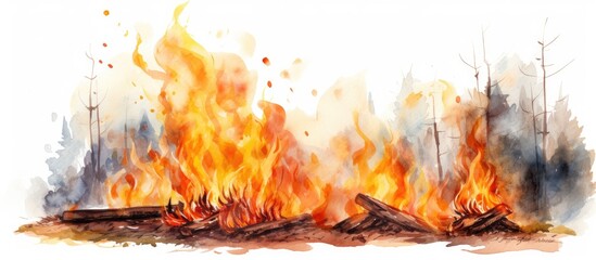 Flaming watercolor isolated on white background, hand-drawn aquarelle bonfire with sparks.