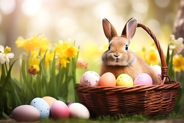  easter card, easter bunny with eggs, easter eggs and flowers, easter eggs in a basket, easter eggs and flowers on a white background, easter wall paper and background for social media