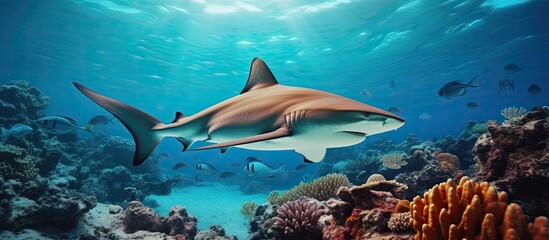 Blacktip shark swims near tropical reef