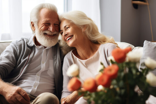  Still in love romantic elderly lifestyle time spending, family good relationship concept. Senior cheerful active smiling mature couple enjoying spending time at home, happily retired