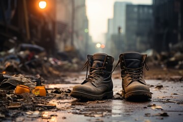 Abandoned Boots in Desolate Urban Decay - obrazy, fototapety, plakaty