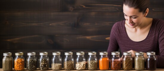 Woman selecting caraway spices in small jar. - Powered by Adobe