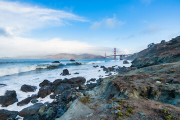 Beautiful view of the Golden Gate Bridge in San Francisco, pastel colors. Concept, travel, world attractions