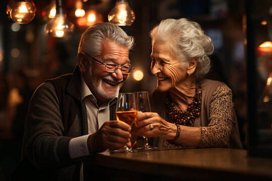 Active Social Lifestyle Of Senior People Concept. Mature Couple Having Fun Drinking Beer At Cafe Bar Restaurant. Husband And Wife Hanging Out Enjoying Happy Hour At Brewery Pub.