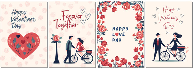 Valentine's day concept poster in flat style. Set of love day cards. Backgrounds with couple, hearts, roses. Banner or greeting card